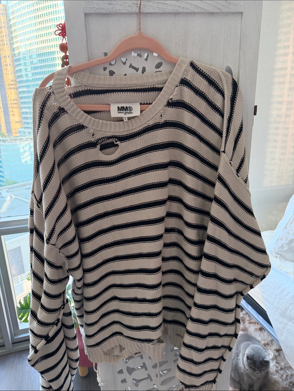 MM6 Maison Martin Margiela Cream and Black Striped Crewneck Sweater